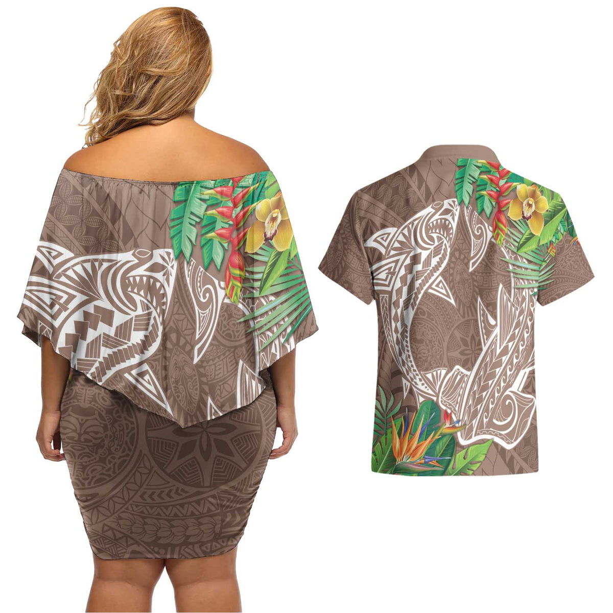 Polynesia Couples Matching Off Shoulder Short Dress and Hawaiian Shirt Sharks Duo Tropical Brown