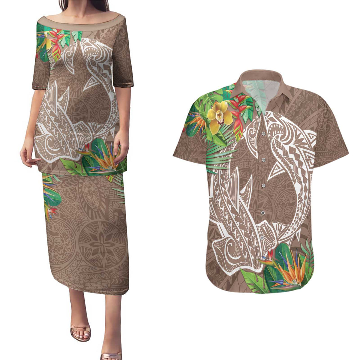 Polynesia Couples Matching Puletasi and Hawaiian Shirt Sharks Duo Tropical Brown