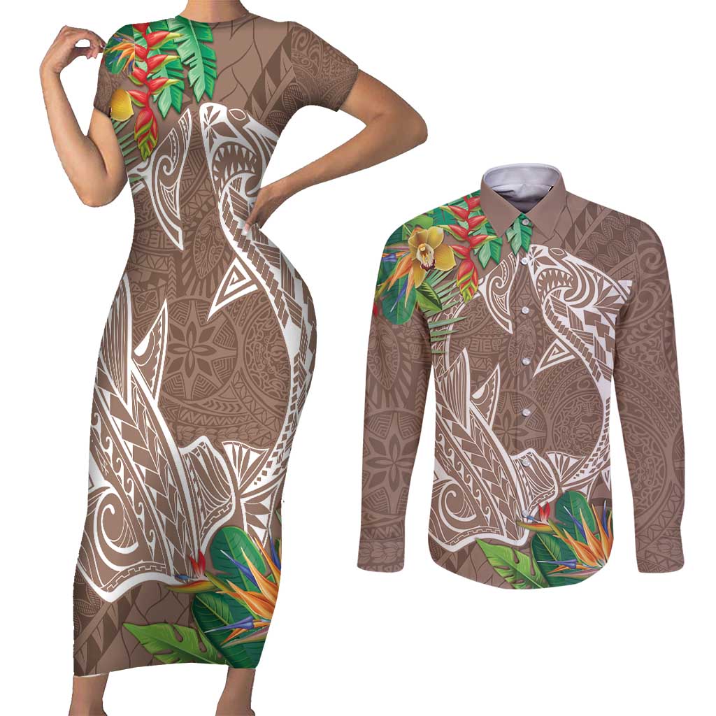 Polynesia Couples Matching Short Sleeve Bodycon Dress and Long Sleeve Button Shirt Sharks Duo Tropical Brown