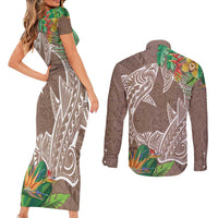 Polynesia Couples Matching Short Sleeve Bodycon Dress and Long Sleeve Button Shirt Sharks Duo Tropical Brown