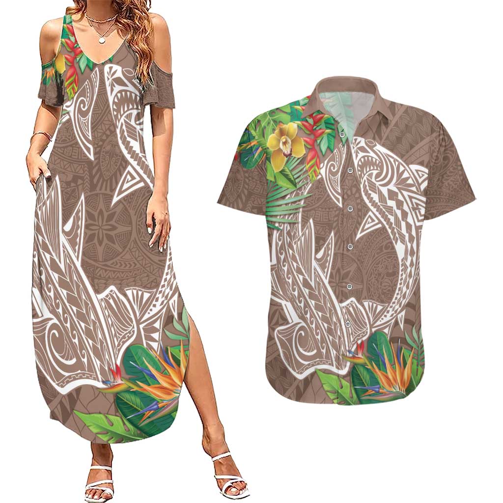 Polynesia Couples Matching Summer Maxi Dress and Hawaiian Shirt Sharks Duo Tropical Brown