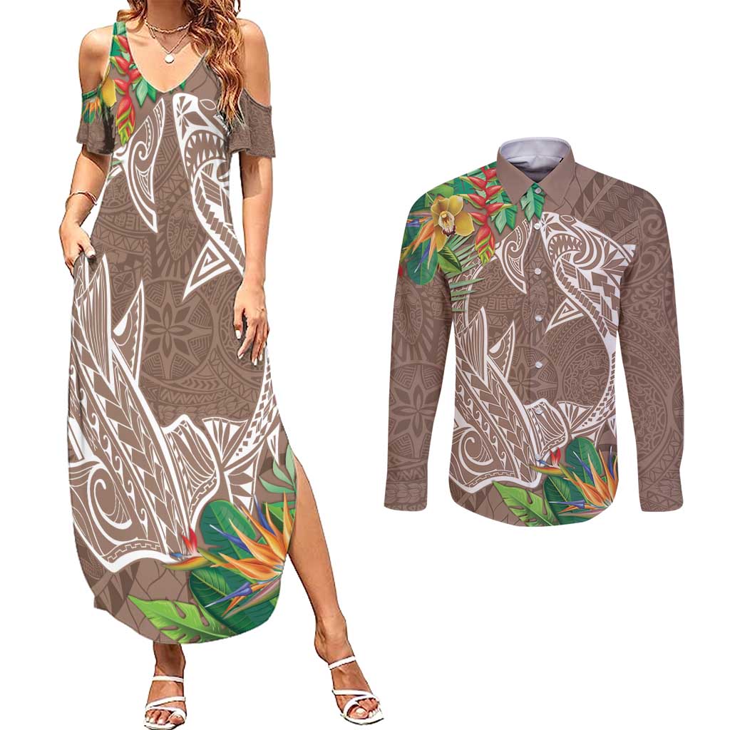 Polynesia Couples Matching Summer Maxi Dress and Long Sleeve Button Shirt Sharks Duo Tropical Brown