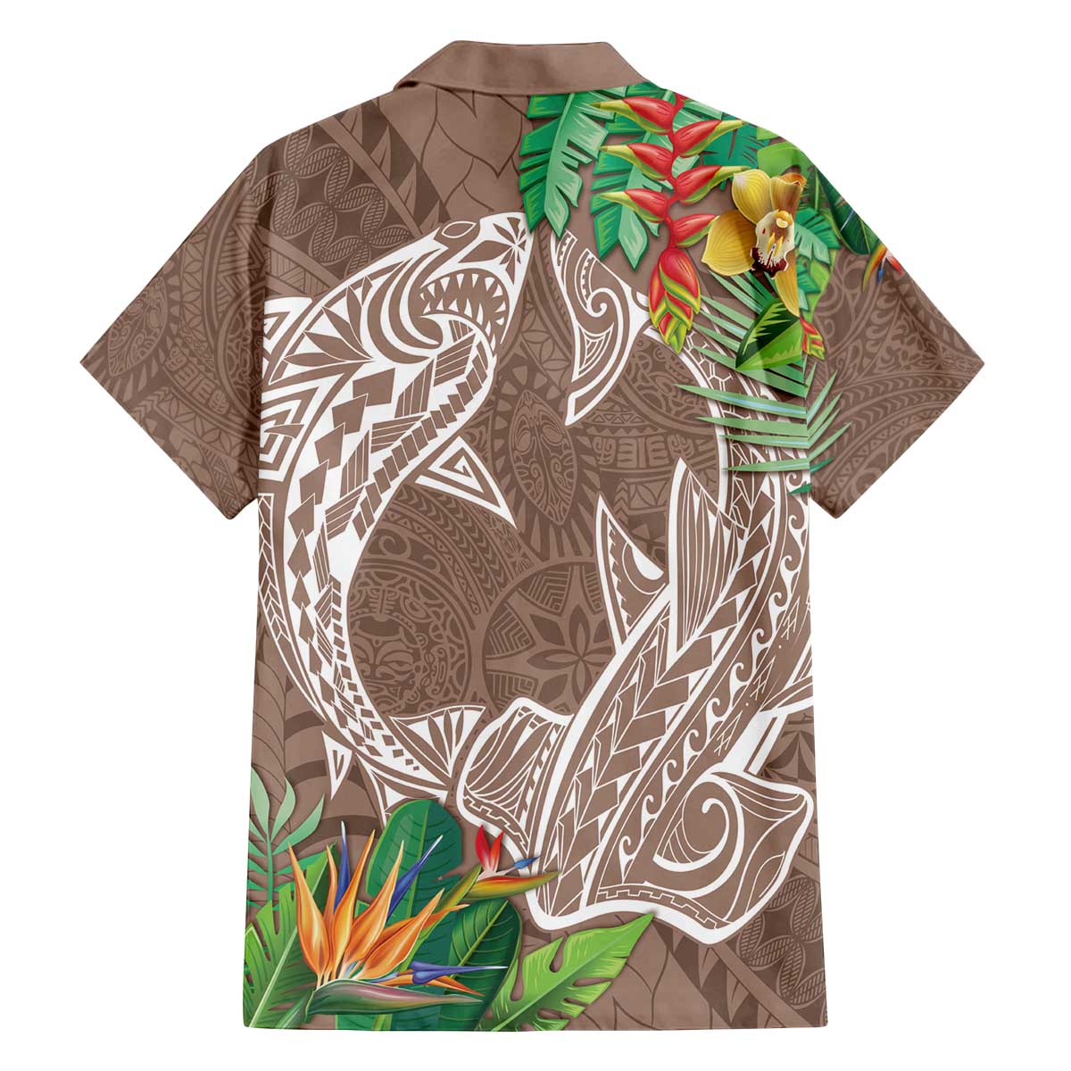 Polynesia Family Matching Off The Shoulder Long Sleeve Dress and Hawaiian Shirt Sharks Duo Tropical Brown