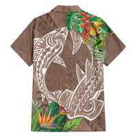 Polynesia Family Matching Off The Shoulder Long Sleeve Dress and Hawaiian Shirt Sharks Duo Tropical Brown