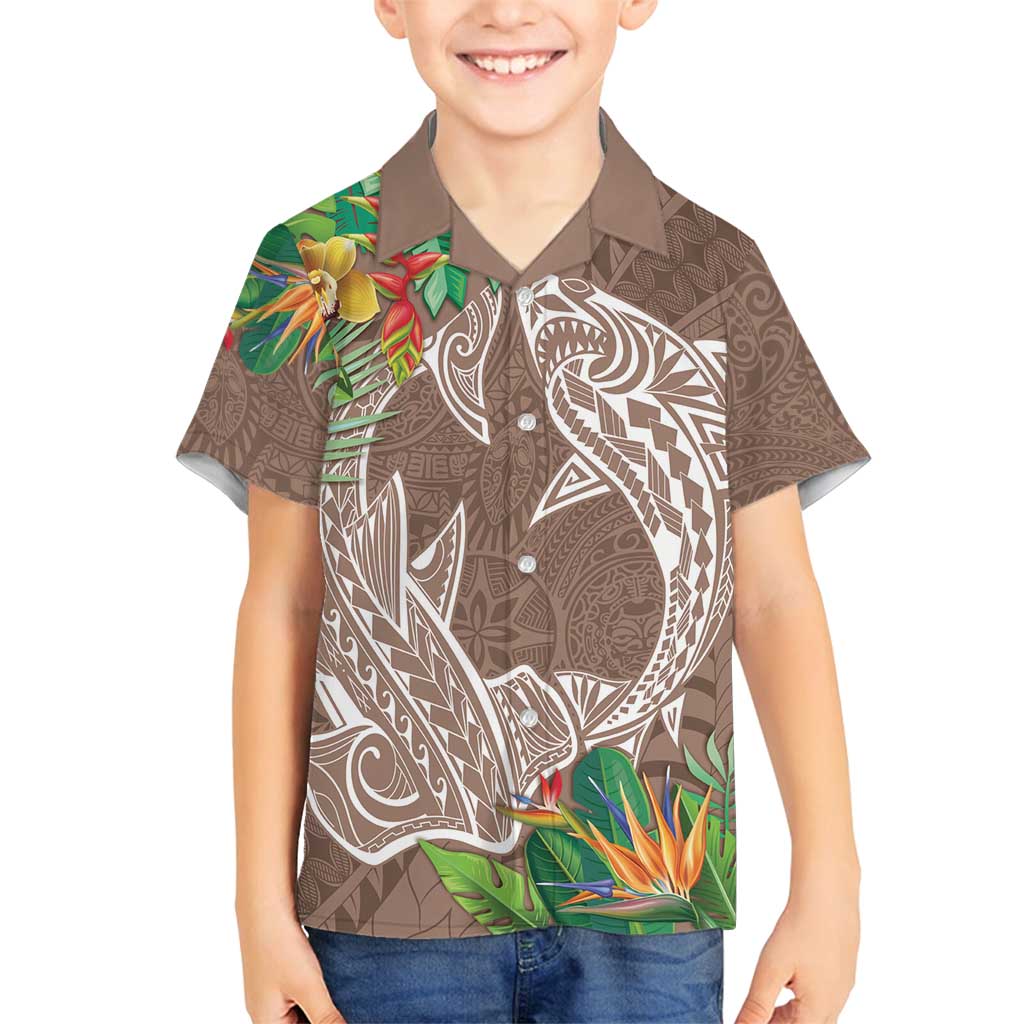 Polynesia Family Matching Off Shoulder Maxi Dress and Hawaiian Shirt Sharks Duo Tropical Brown
