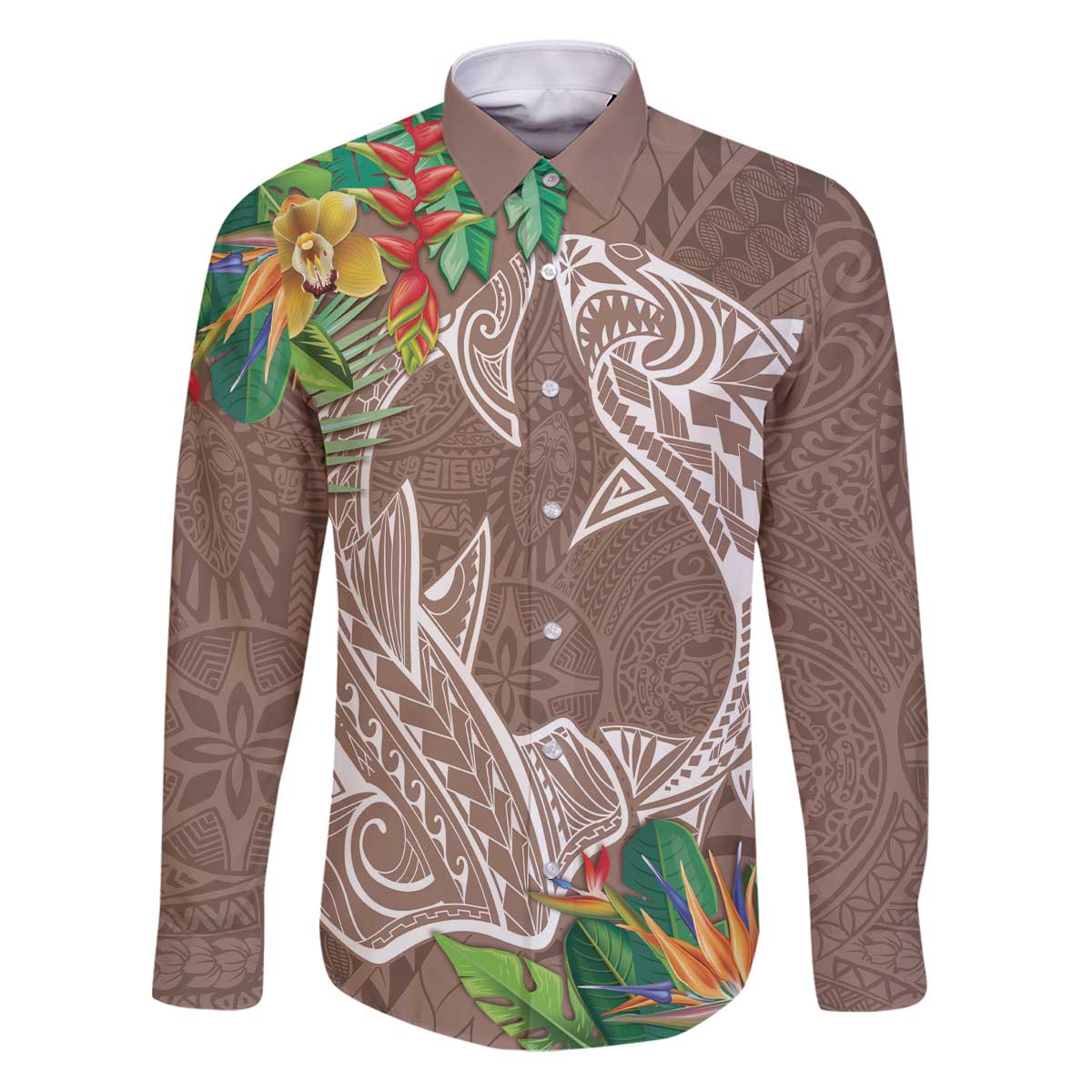 Polynesia Family Matching Puletasi and Hawaiian Shirt Sharks Duo Tropical Brown