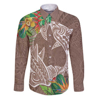 Polynesia Family Matching Puletasi and Hawaiian Shirt Sharks Duo Tropical Brown