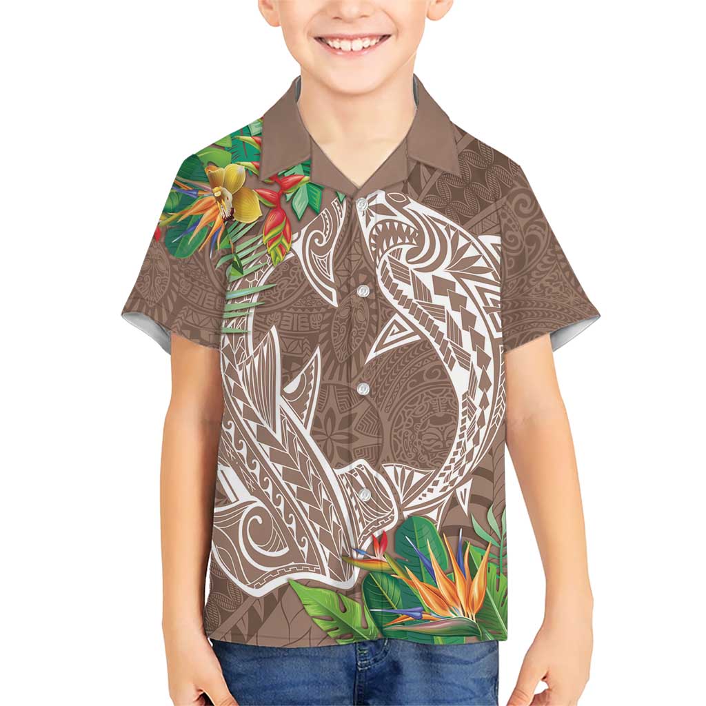 Polynesia Kid Hawaiian Shirt Sharks Duo Tropical Brown