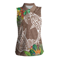 Polynesia Women Sleeveless Polo Shirt Sharks Duo Tropical Brown