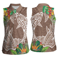 Polynesia Women Sleeveless Polo Shirt Sharks Duo Tropical Brown