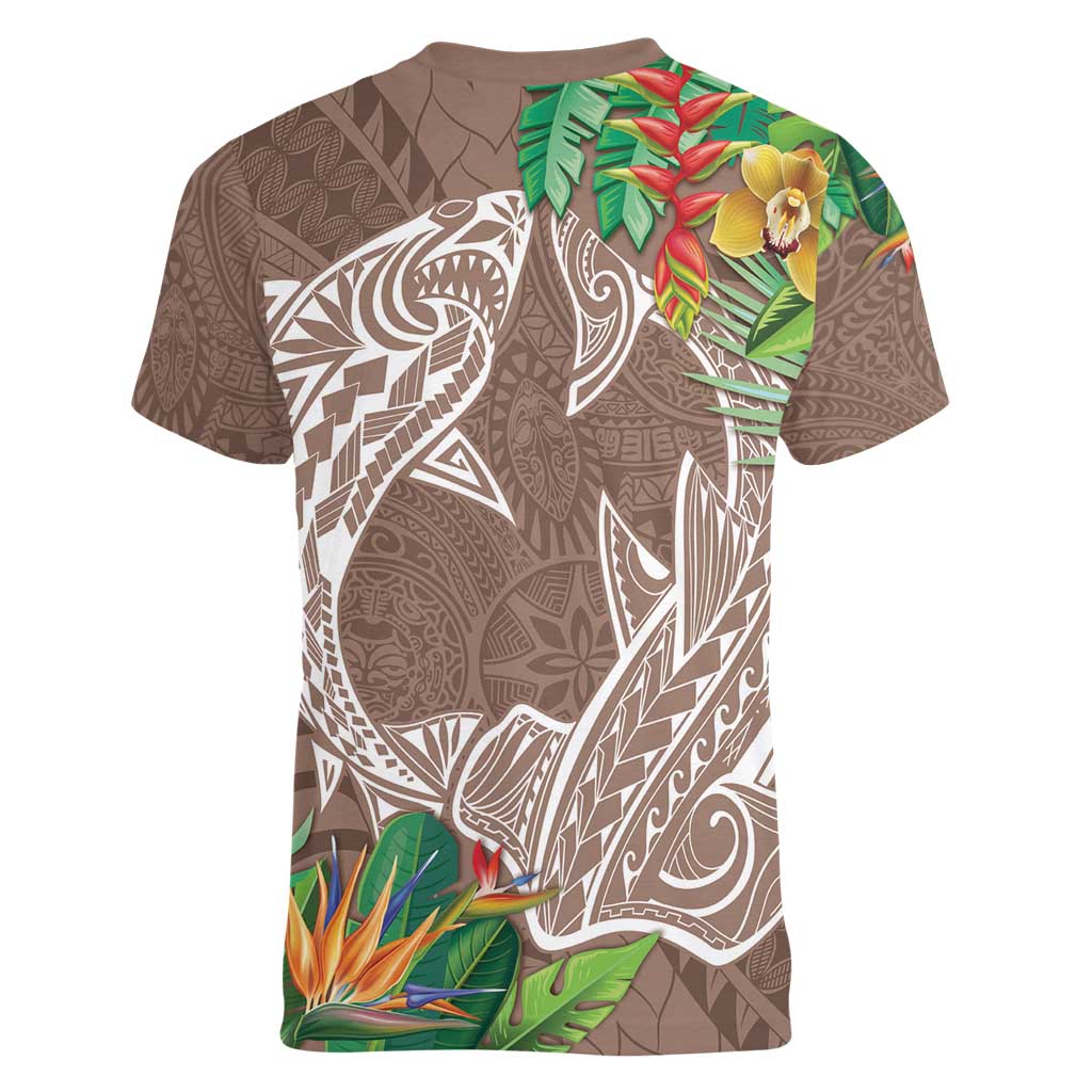 Polynesia Women V-Neck T-Shirt Sharks Duo Tropical Brown