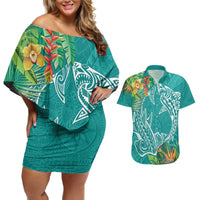 Polynesia Couples Matching Off Shoulder Short Dress and Hawaiian Shirt Sharks Duo Tropical Teal