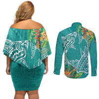Polynesia Couples Matching Off Shoulder Short Dress and Long Sleeve Button Shirt Sharks Duo Tropical Teal