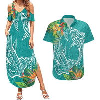 Polynesia Couples Matching Summer Maxi Dress and Hawaiian Shirt Sharks Duo Tropical Teal