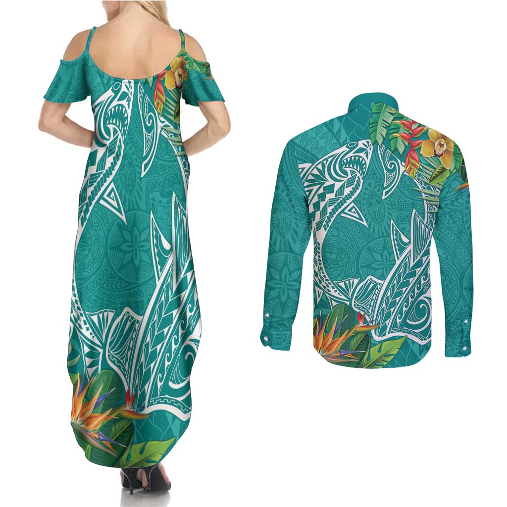 Polynesia Couples Matching Summer Maxi Dress and Long Sleeve Button Shirt Sharks Duo Tropical Teal