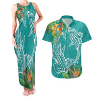 Polynesia Couples Matching Tank Maxi Dress and Hawaiian Shirt Sharks Duo Tropical Teal