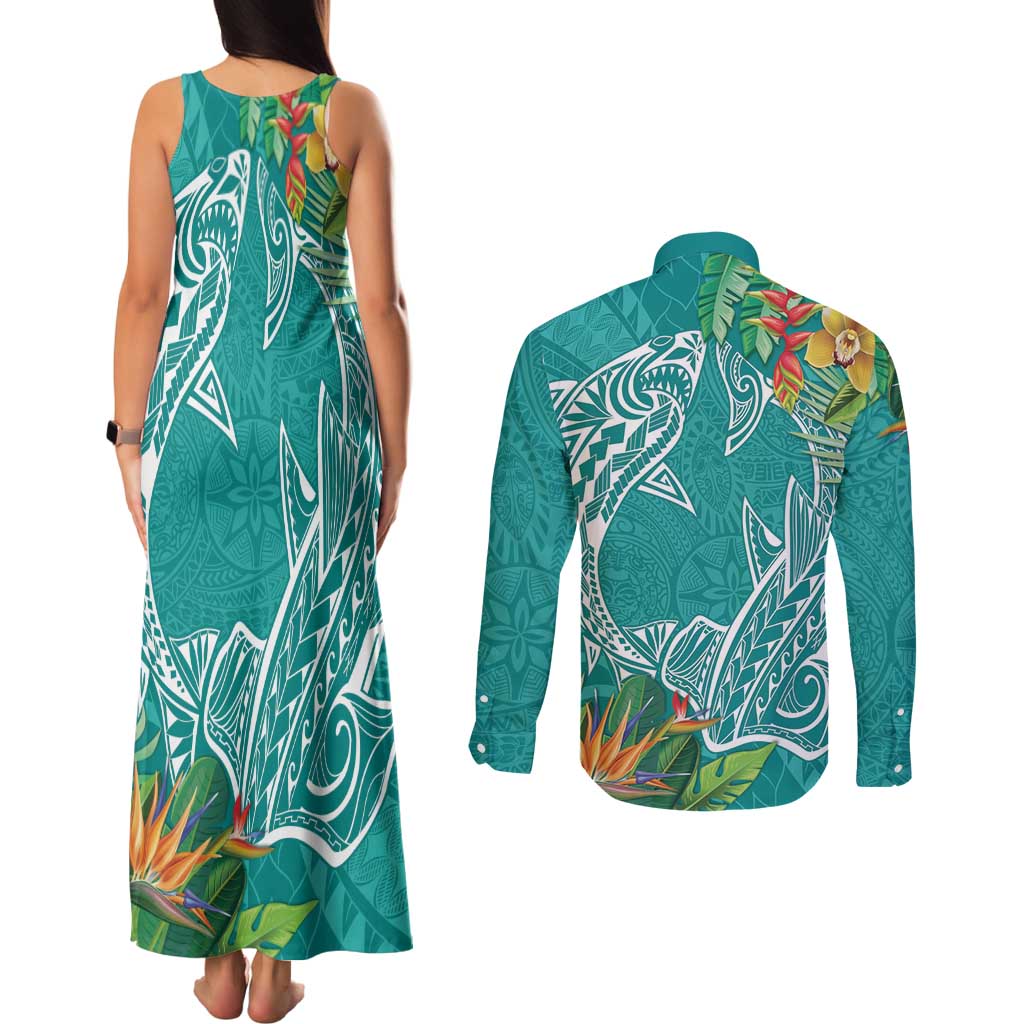 Polynesia Couples Matching Tank Maxi Dress and Long Sleeve Button Shirt Sharks Duo Tropical Teal