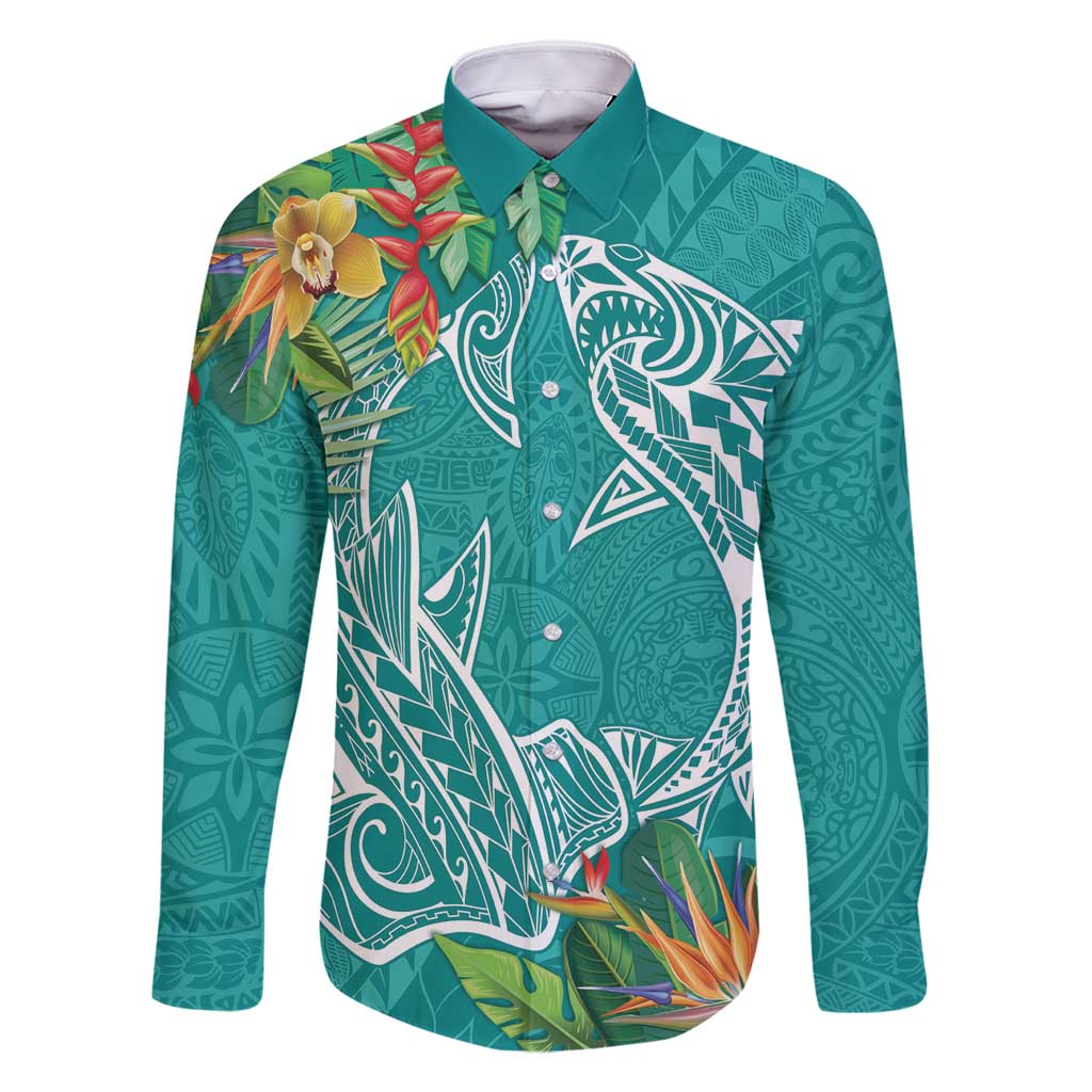 Polynesia Family Matching Long Sleeve Bodycon Dress and Hawaiian Shirt Sharks Duo Tropical Teal