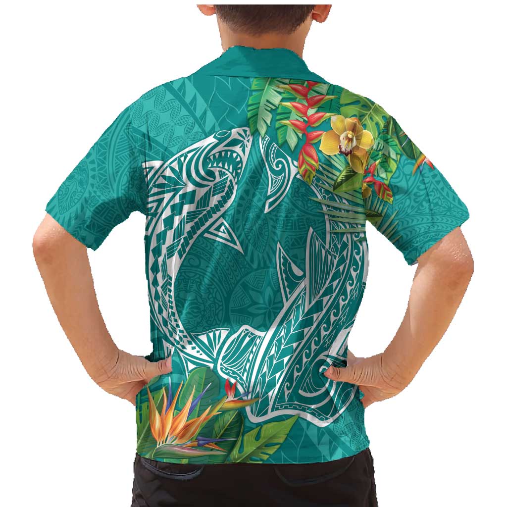 Polynesia Family Matching Mermaid Dress and Hawaiian Shirt Sharks Duo Tropical Teal