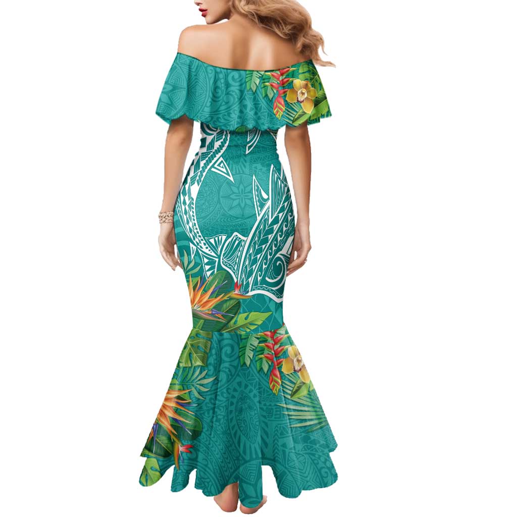 Polynesia Family Matching Mermaid Dress and Hawaiian Shirt Sharks Duo Tropical Teal