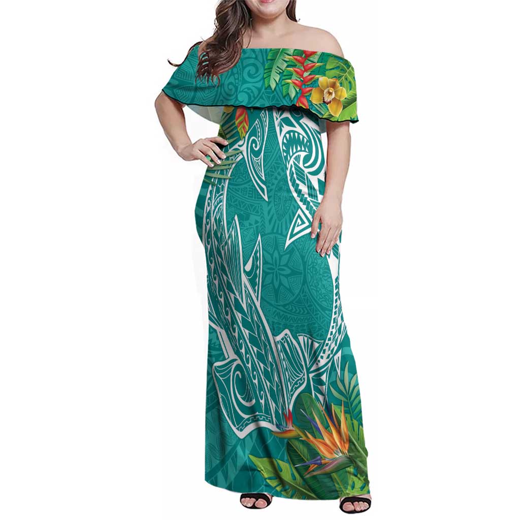 Polynesia Family Matching Off Shoulder Maxi Dress and Hawaiian Shirt Sharks Duo Tropical Teal