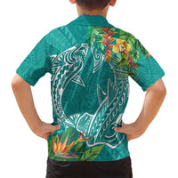 Polynesia Family Matching Tank Maxi Dress and Hawaiian Shirt Sharks Duo Tropical Teal