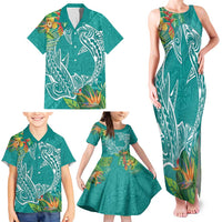 Polynesia Family Matching Tank Maxi Dress and Hawaiian Shirt Sharks Duo Tropical Teal