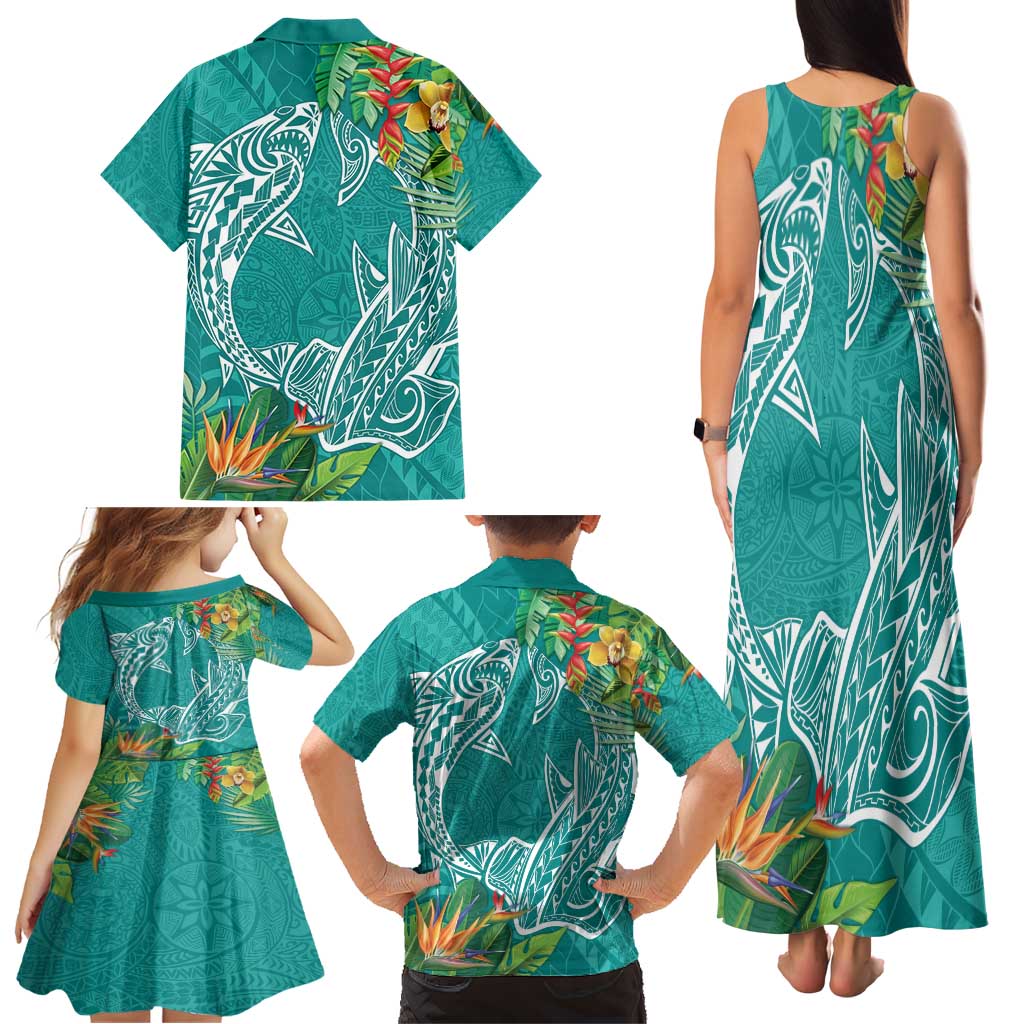 Polynesia Family Matching Tank Maxi Dress and Hawaiian Shirt Sharks Duo Tropical Teal