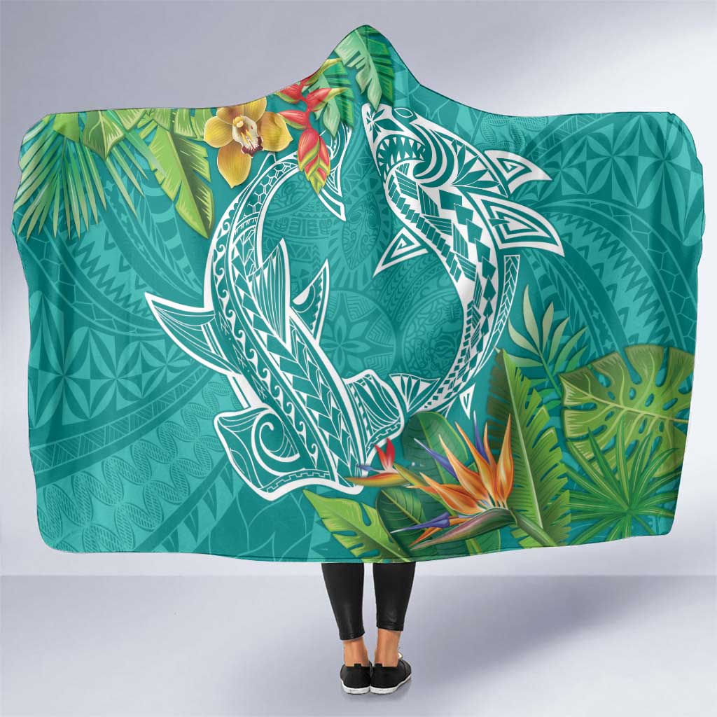 Polynesia Hooded Blanket Sharks Duo Tropical Teal