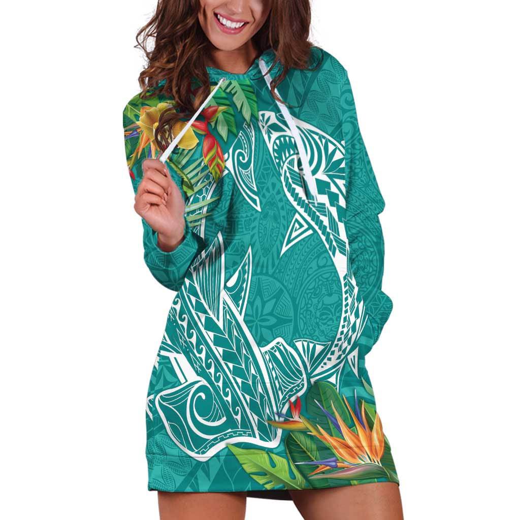 Polynesia Hoodie Dress Sharks Duo Tropical Teal