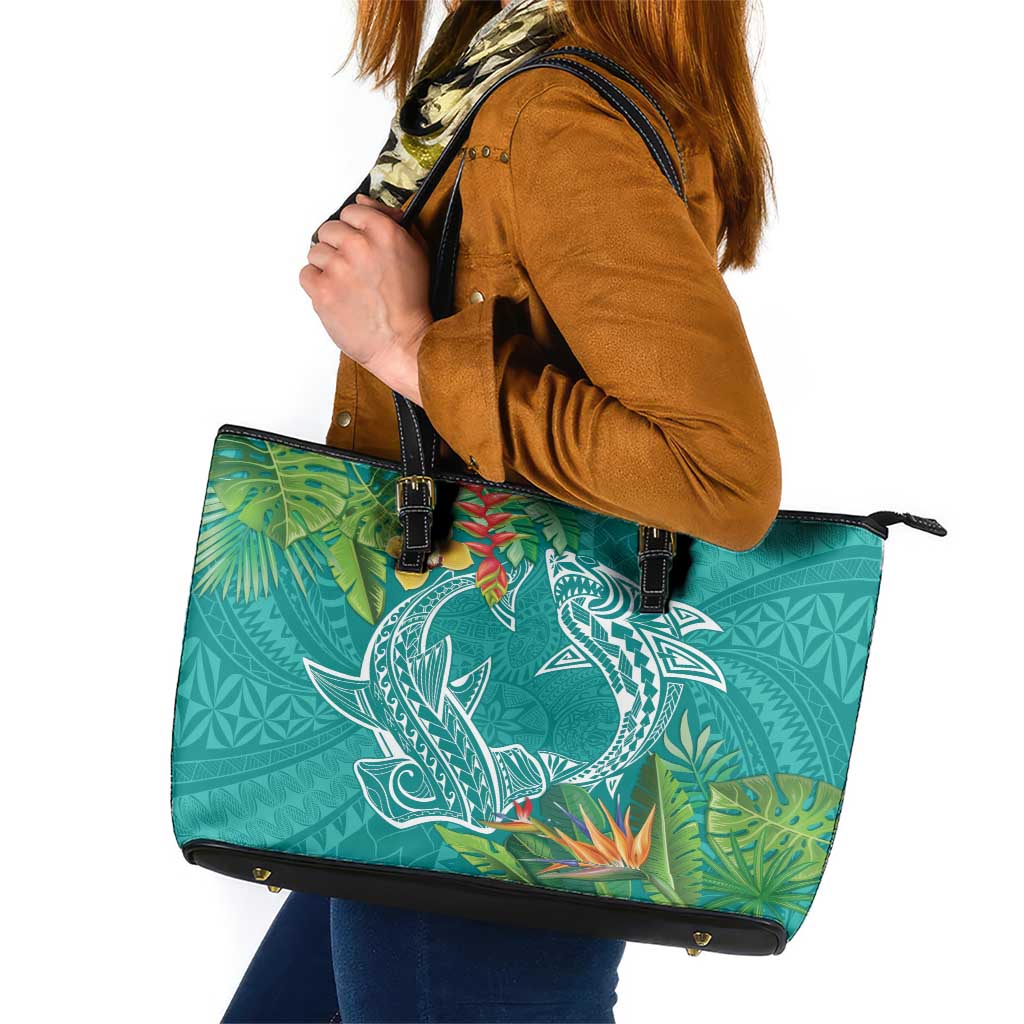 Polynesia Leather Tote Bag Sharks Duo Tropical Teal