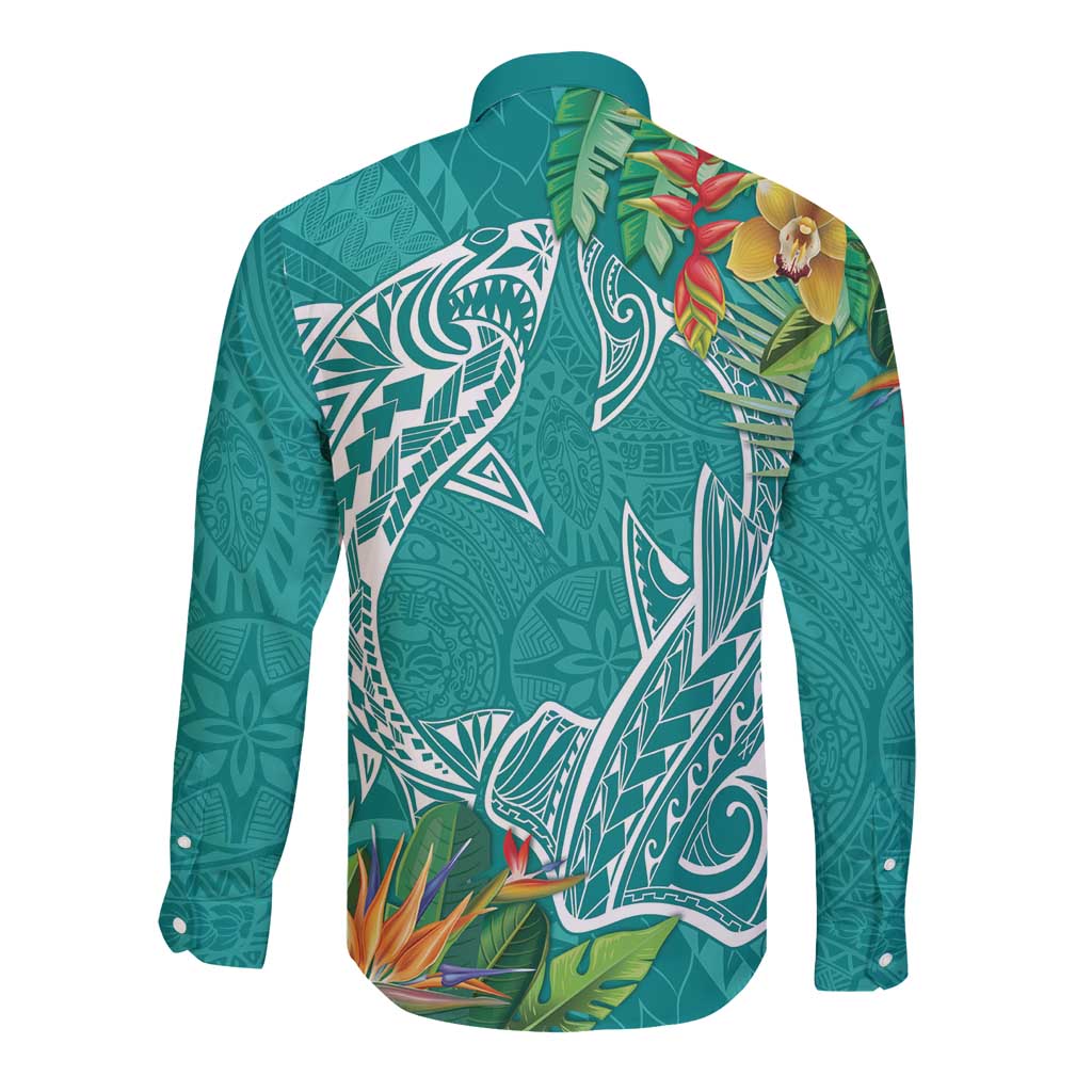 Polynesia Long Sleeve Button Shirt Sharks Duo Tropical Teal