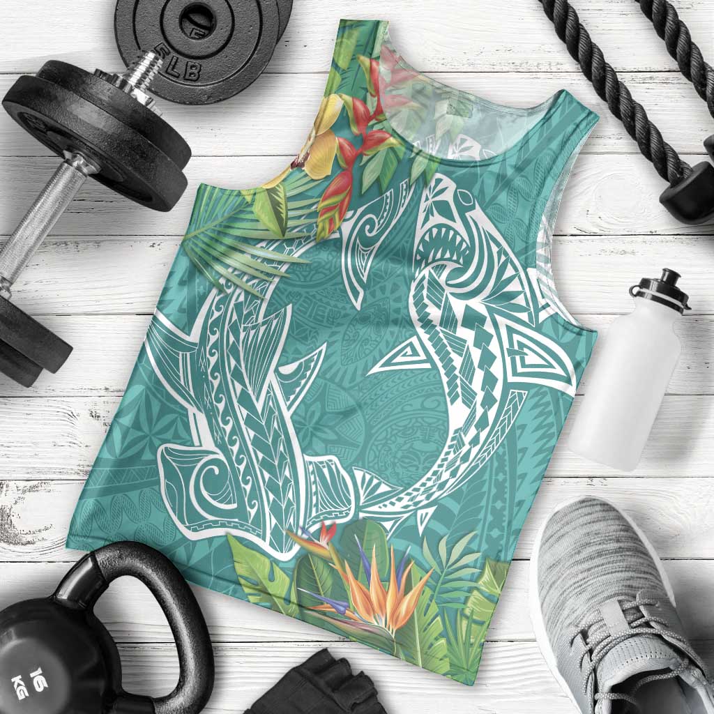 Polynesia Men Tank Top Sharks Duo Tropical Teal