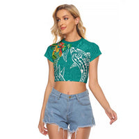 Polynesia Raglan Cropped T Shirt Sharks Duo Tropical Teal
