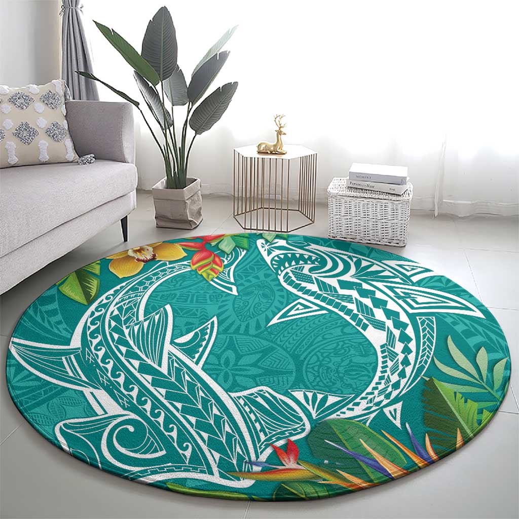 Polynesia Round Carpet Sharks Duo Tropical Teal