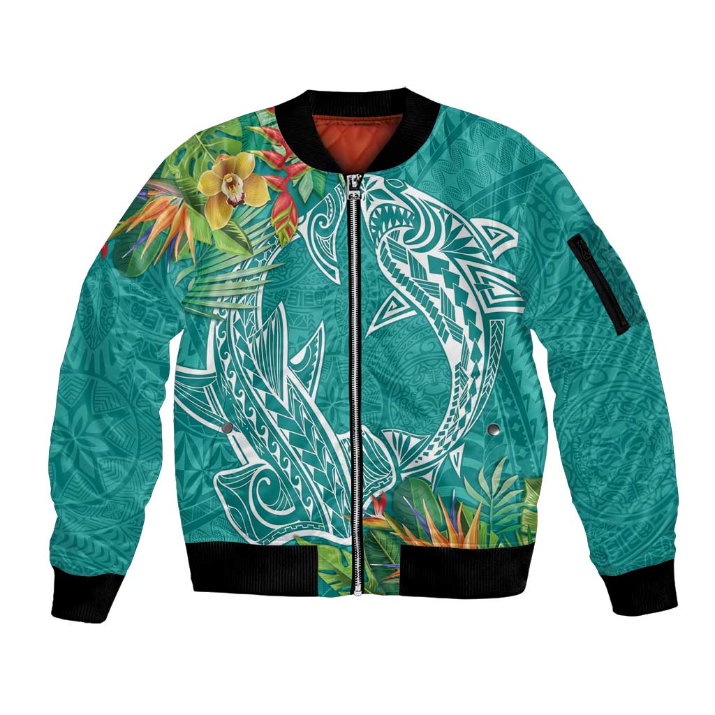 Polynesia Sleeve Zip Bomber Jacket Sharks Duo Tropical Teal LT7 Unisex Teal - Polynesian Pride