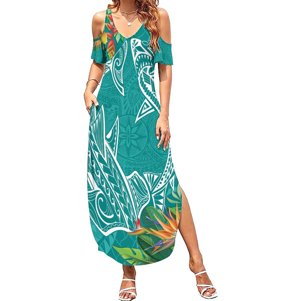 Polynesia Summer Maxi Dress Sharks Duo Tropical Teal