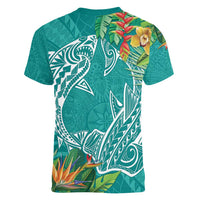 Polynesia Women V-Neck T-Shirt Sharks Duo Tropical Teal