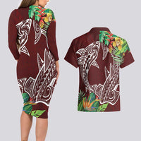 Polynesia Couples Matching Long Sleeve Bodycon Dress and Hawaiian Shirt Sharks Duo Tropical Oxblood