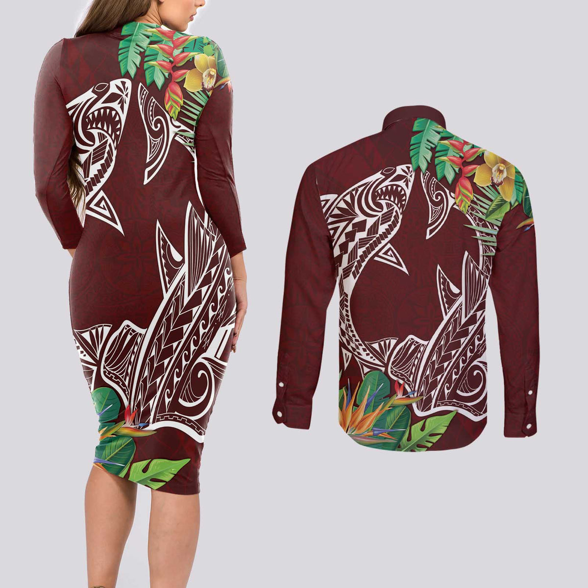 Polynesia Couples Matching Long Sleeve Bodycon Dress and Long Sleeve Button Shirt Sharks Duo Tropical Oxblood