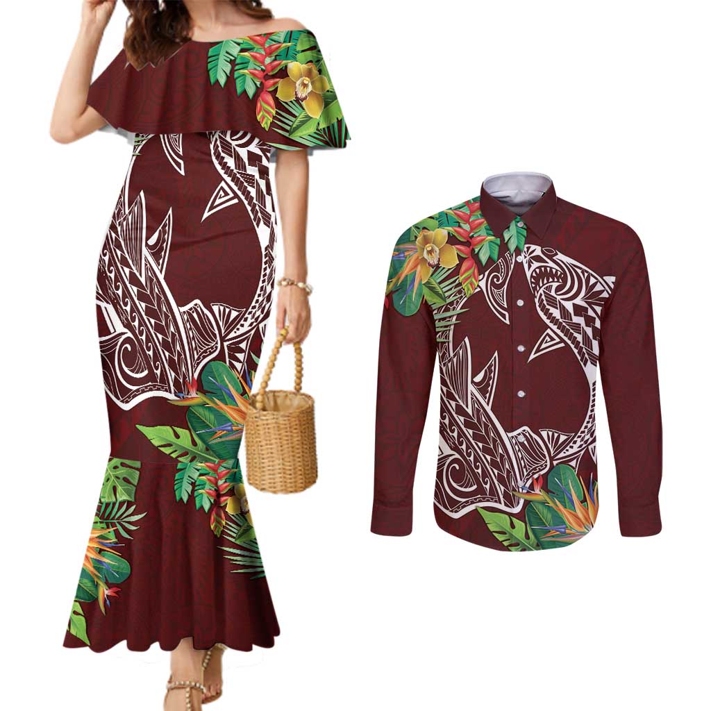 Polynesia Couples Matching Mermaid Dress and Long Sleeve Button Shirt Sharks Duo Tropical Oxblood