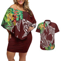 Polynesia Couples Matching Off Shoulder Short Dress and Hawaiian Shirt Sharks Duo Tropical Oxblood