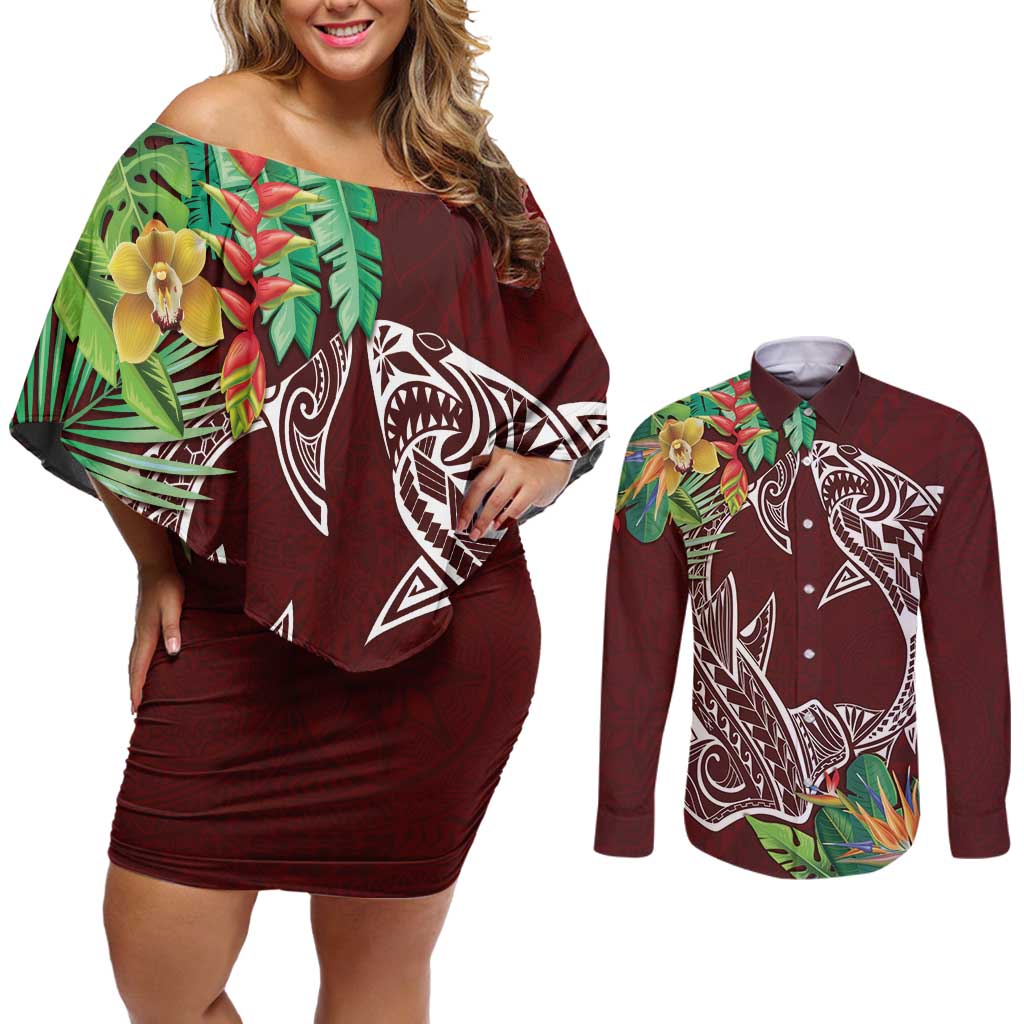 Polynesia Couples Matching Off Shoulder Short Dress and Long Sleeve Button Shirt Sharks Duo Tropical Oxblood