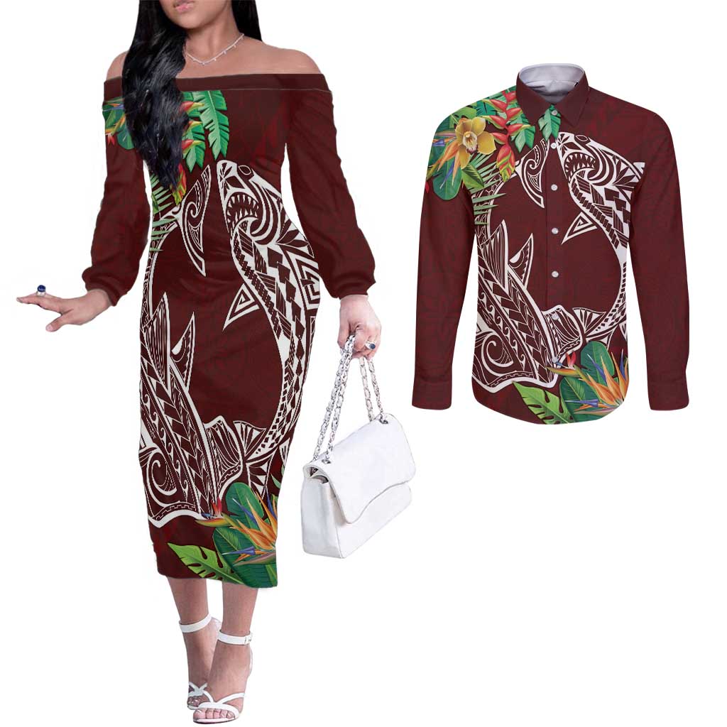 Polynesia Couples Matching Off The Shoulder Long Sleeve Dress and Long Sleeve Button Shirt Sharks Duo Tropical Oxblood