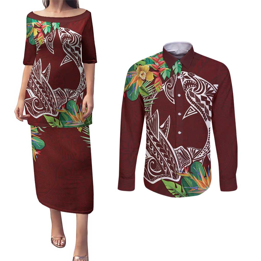 Polynesia Couples Matching Puletasi and Long Sleeve Button Shirt Sharks Duo Tropical Oxblood
