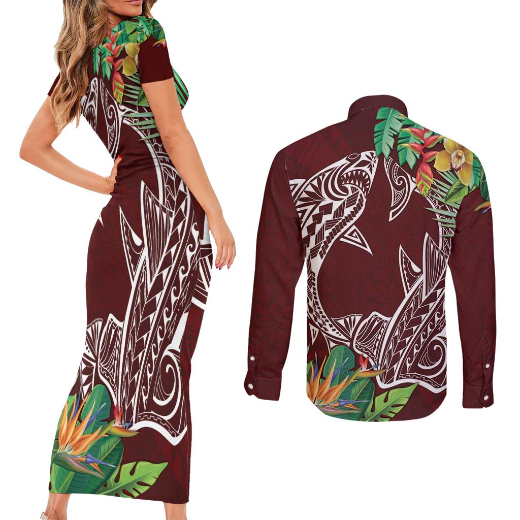 Polynesia Couples Matching Short Sleeve Bodycon Dress and Long Sleeve Button Shirt Sharks Duo Tropical Oxblood