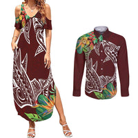 Polynesia Couples Matching Summer Maxi Dress and Long Sleeve Button Shirt Sharks Duo Tropical Oxblood