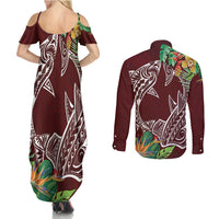 Polynesia Couples Matching Summer Maxi Dress and Long Sleeve Button Shirt Sharks Duo Tropical Oxblood