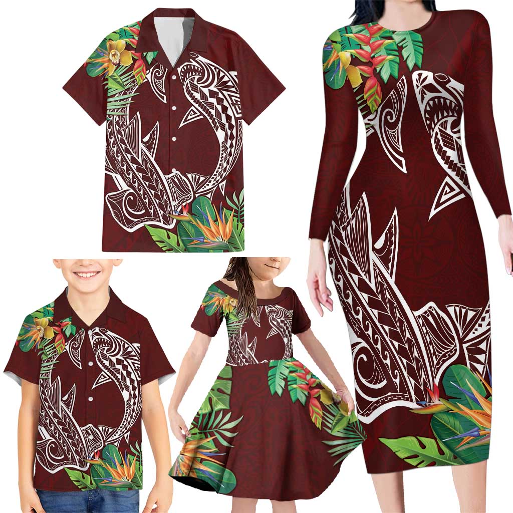Polynesia Family Matching Long Sleeve Bodycon Dress and Hawaiian Shirt Sharks Duo Tropical Oxblood LT7 - Polynesian Pride