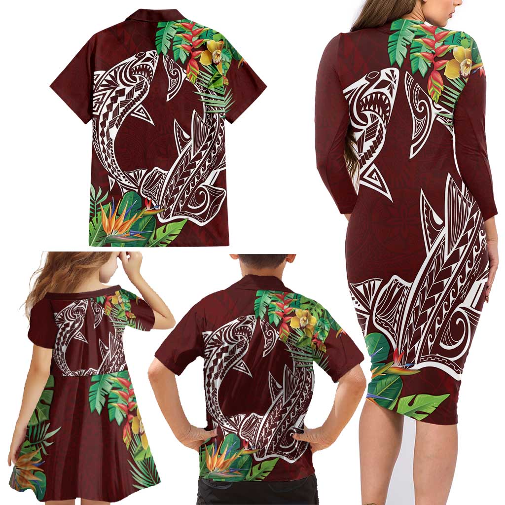 Polynesia Family Matching Long Sleeve Bodycon Dress and Hawaiian Shirt Sharks Duo Tropical Oxblood LT7 - Polynesian Pride